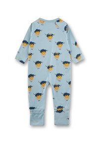 Blaues Baumwollbabykleidchen mit einem wiederholten Muster von cartoonhaften gelben und braunen Tieren mit blauen Haaren und Hüten. Lange Ärmel mit Bündchen.