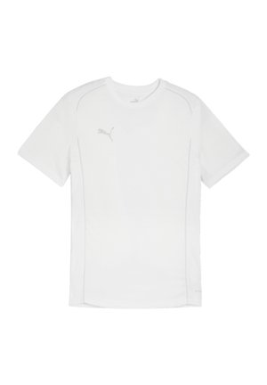 Hvid kortærmet atletisk t-shirt lavet af fugttransporterende materiale, med en subtil grå logo på brystet og flade sømme for komfort.