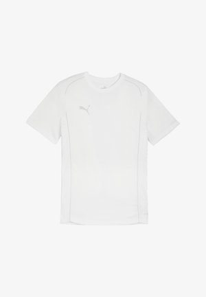 Witte sport t-shirt met korte mouwen, gemaakt van vochtregulerend materiaal, met een subtiele grijze logo op de borst en platte naden voor comfort.