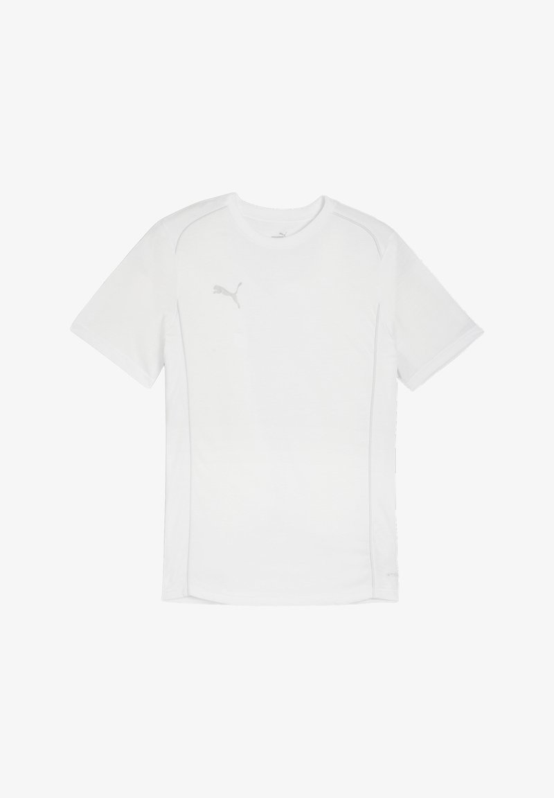 Witte sport t-shirt met korte mouwen, gemaakt van vochtregulerend materiaal, met een subtiele grijze logo op de borst en platte naden voor comfort.