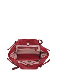 Red leather handbag with a soft texture and cinched design. Features a pink interior with zippered pockets and a button closure.