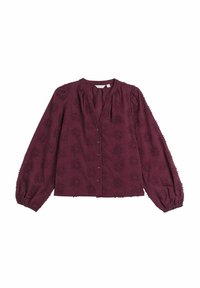 Bordeaux blouse van textuurstof, met lange pofmouwen, een knoopsluiting aan de voorkant en bloemenborduurwerk overal.