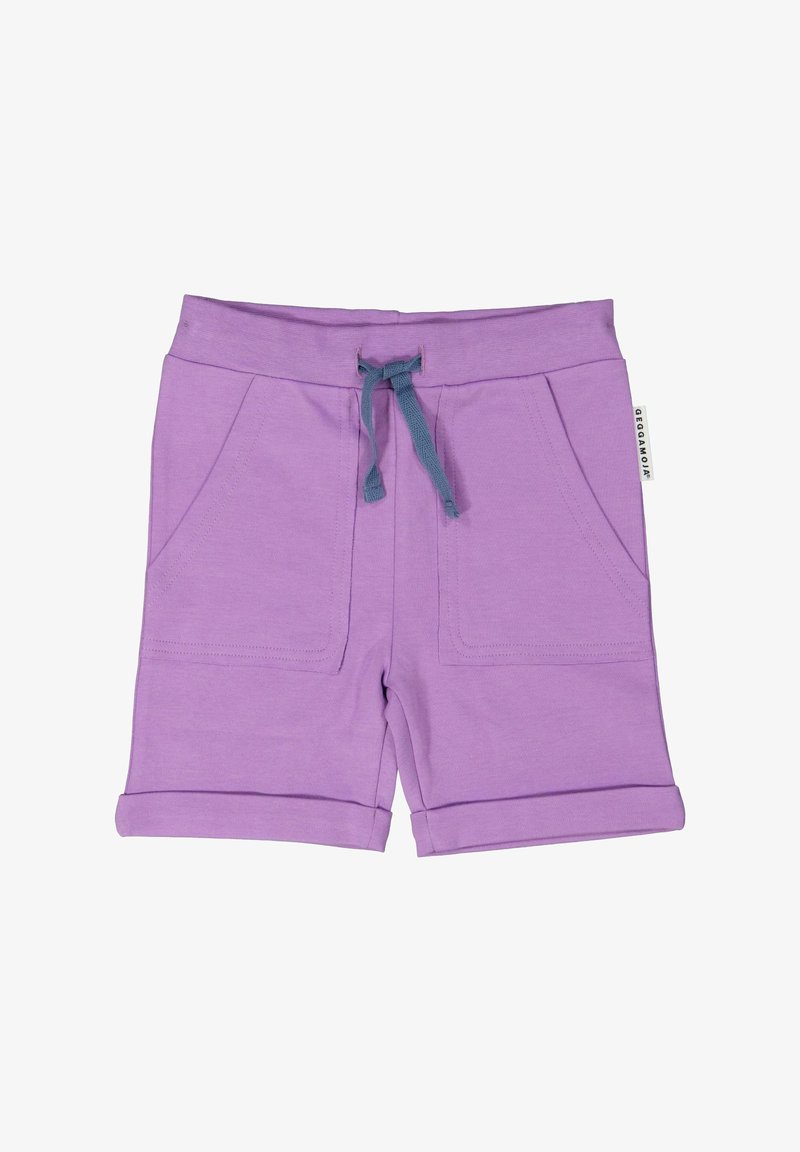 Liilakista puuvillashortsit, jossa on joustava vyötärö, teal-värinen nauha, kaksi etutaskua ja käännetyt lahkeet rentoa käyttöä varten.