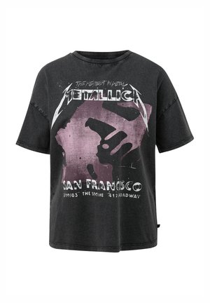 Zwart katoenen graphic T-shirt met korte mouwen, met een vintage Metallica-print in paarse en witte tinten met een versleten uitstraling.