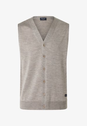 Jasnoszara dzianinowa kamizelka bez rękawów na guziki, z dekoltem w serek i prążkowanym dołem, z małą czarną metką marki blisko dołu.