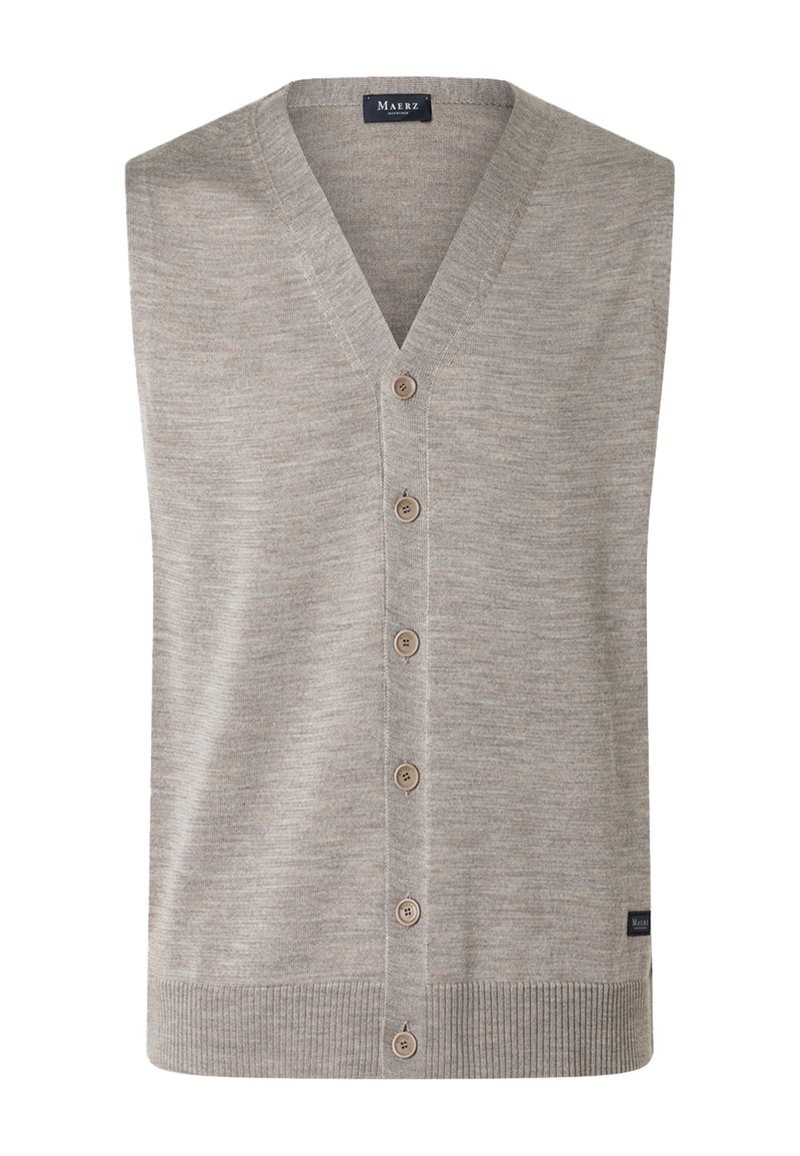 Hellgraue, ärmellose Strickweste mit Knopfleiste, V-Ausschnitt und geripptem Saum, mit einem kleinen schwarzen Markenzeichen in der Nähe des unteren Saums.