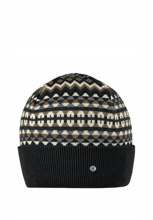 Schwarze Strickmütze mit umgeschlagenem Bündchen und geometrischem Muster in Weiß, Grau und Braun am oberen Teil der Mütze.