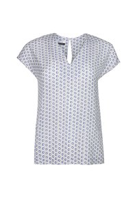 Biała bluzka z dekoltem w kształcie klucza, krótkimi rękawami i niebieskim wzorem w linie i ptaki. Wykonana z lekkiego materiału.