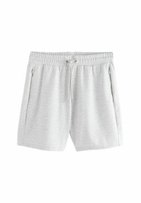 Lichtgrijze shorts met een gestructureerd ruitpatroon, elastische tailleband, koord en zijritsen voor zakken. Casual ontwerp.