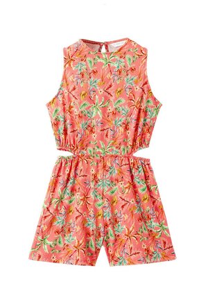 Combinaison corail sans manches avec imprimé feuilles et fleurs tropicales, dos avec trou, côtés découpés et taille élastique.