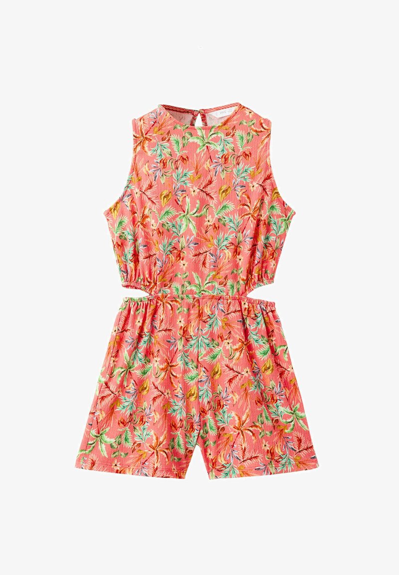 Combinaison corail sans manches avec imprimé feuilles et fleurs tropicales, dos avec trou, côtés découpés et taille élastique.