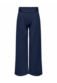 Marine bukser med bred benvidde laget av glatt stoff, med høy midje og svarte knapper samt frontfolder for en strukturert design.
