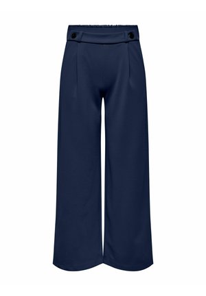 Granatowe spodnie o szerokich nogawkach, wykonane z gładkiego materiału, z wysokim pasem i czarnymi guzikami oraz plisami z przodu dla uzyskania strukturalnego wyglądu.