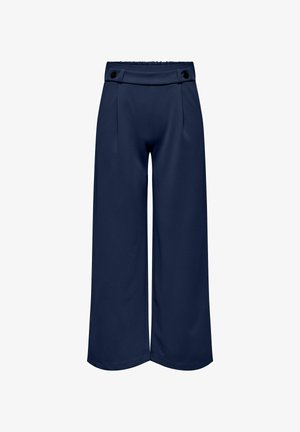 Granatowe spodnie o szerokich nogawkach, wykonane z gładkiego materiału, z wysokim pasem i czarnymi guzikami oraz plisami z przodu dla uzyskania strukturalnego wyglądu.