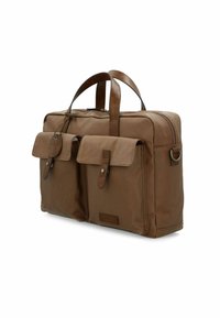 Brown canvas bag with leather accents, two front pockets with flap closures, double handles, and a zipper closure on top.