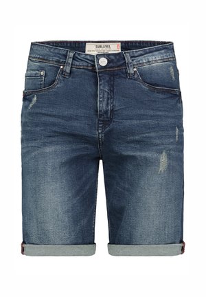 Jeans-Shorts in Dunkelblau mit einem verblassten Finish, mit umgeschlagenen Säumen, subtilen Used-Effekten und einem klassischen Five-Pocket-Design.
