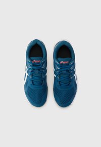 Blue athletic shoes with mesh and synthetic upper, white accents, round toe, lace-up design, and padded collar for comfort.