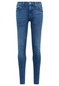 Jeans ajustados de mezclilla azul oscuro, con cinco bolsillos, cierre delantero con botón y un ligero desgaste en la parte frontal.