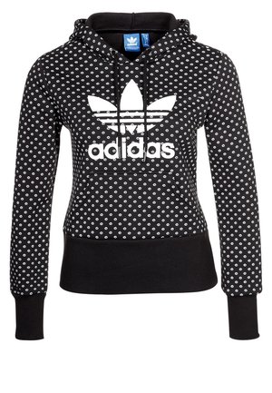 Sort Adidas hættetrøje med hvidt lille prikmønster, stort hvidt Adidas trefoil-logo på brystet, frontlomme og snørelukning i hætten.