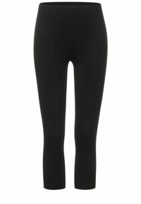 Black leggings made of stretchy material with a smooth texture, featuring a mid-calf length and an elastic waistband. No visible patterns.