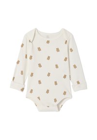 Long-sleeve cream bodysuit with light brown bear prints, featuring round neck and cuffed sleeves, made from soft fabric with bottom snap closure.