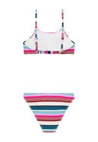 Gestreepte bikini set met een bralette top en bijpassende onderkant. Voorzien van horizontale strepen in roze, teal, bruin en wit. Verstelbare banden.