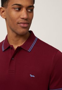 Burgundská polo košeľa s modrým prúžkovaným golierom, s malým modrým logom ježka na ľavom prsníku a textúrovanou tkaninou.