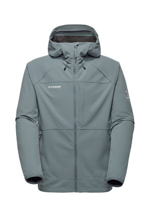 Light blue Mammut softshell jacket with hood, front zipper, two zippered side pockets, and logo patches on chest and sleeve.