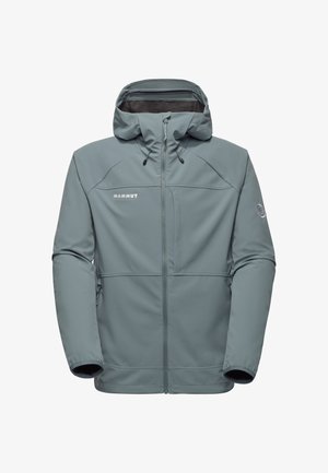 Ljusblå Mammut softshell-jacka med huva, frontdragkedja, två fickor med dragkedja på sidorna och logotypapplikationer på bröstet och ärmen.