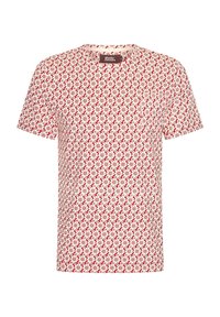 T-paita lyhyillä hihoilla, jossa on punavalkoinen kukkakuosis. Valmistettu kevyestä kankaasta, jossa on pyöreä kaula-aukko ja suora leikkaus.