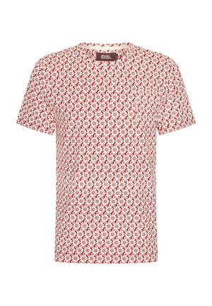 Short-sleeve T-shirt with a floral pattern in red and white. Made of lightweight fabric, featuring a crew neckline and straight cut.