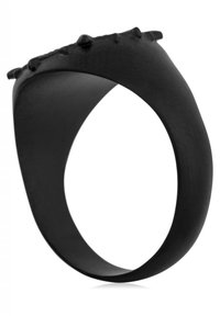 Black ring made of smooth material, featuring a curved design with rounded, raised accents along the top edge.