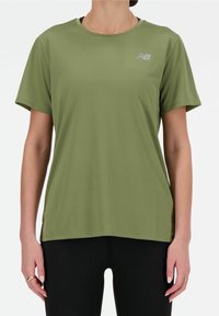 Olive green athletic t-shirt with short sleeves, round neckline, subtle textured pattern, and a small reflective logo on the left chest.