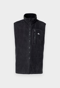 Black fleece vest with a high collar, front zip closure, and a zippered chest pocket. Soft texture and streamlined design.
