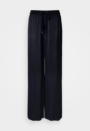 Pantalon noir à jambes larges en tissu léger avec taille élastique et cordon de serrage ajustable. Texture lisse sans motifs visibles.