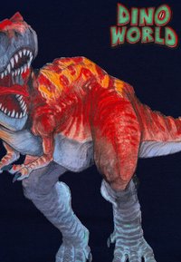 Grafica di un Tyrannosaurus rex rosso e arancione su una t-shirt blu navy con il testo in grassetto verde "Dino World" sopra. Scaglie e denti dettagliati visibili.