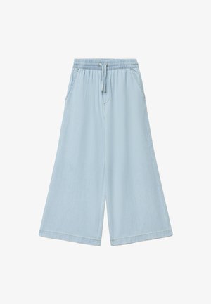 Pantaloni azzurri a gamba larga con vita elastica, coulisse, tasche frontali e vestibilità comoda.