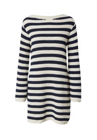 Pull rayé à coupe ample, présentant des rayures horizontales bleu marine et crème, des manches longues et un large col. Matière en maille texturée.