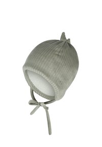 Soft, ribbed light gray baby hat with two small points on top and tied chin straps, lined with white fleece inside.