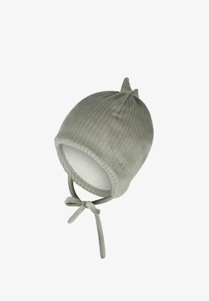 Soft, ribbed light gray baby hat with two small points on top and tied chin straps, lined with white fleece inside.