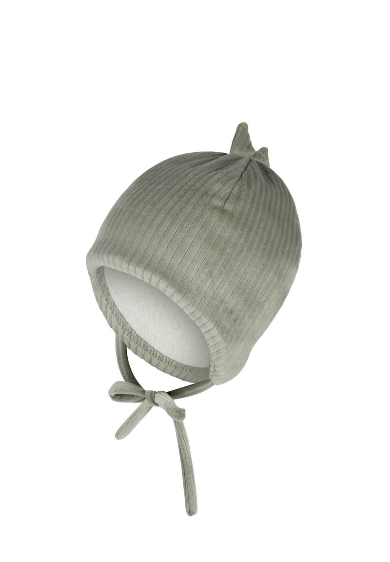 Soft, ribbed light gray baby hat with two small points on top and tied chin straps, lined with white fleece inside.