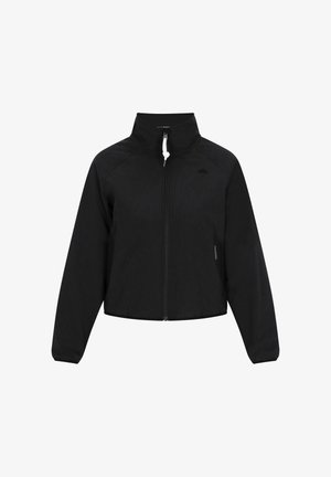 Melnā apģērba jaka ar rāvējslēdzēju, stāvošu apkakli, raglanu piedurknēm un gludu, reljefa apdari. Iekļautas baltas auklas un sānu kabata.