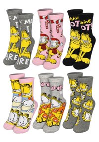 Set di otto paia di calzini in cotone con fumetti di Garfield. I colori includono grigio, rosa e nero con vari disegni e motivi.