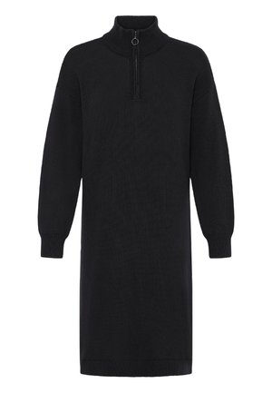 Rochie neagră tricotată cu mâneci lungi, cu manșete și tiv striate, guler înalt și fermoar la jumătate, cu tab circular la gât.