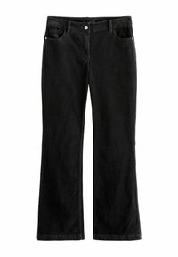 Jeans evazați negri din bumbac, cu închidere cu nasture, bucle pentru centură și cinci buzunare. Țesătura are o textură moale.