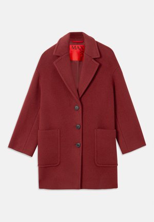 Burgundy wool blend coat with a notched collar, three black buttons, and two front pockets. Lined in red. Relaxed fit and knee-length.