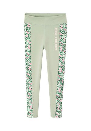 Light green leggings with floral side panels in pink and green, high waistband, and "MOVE TOGETHER" text on left thigh.