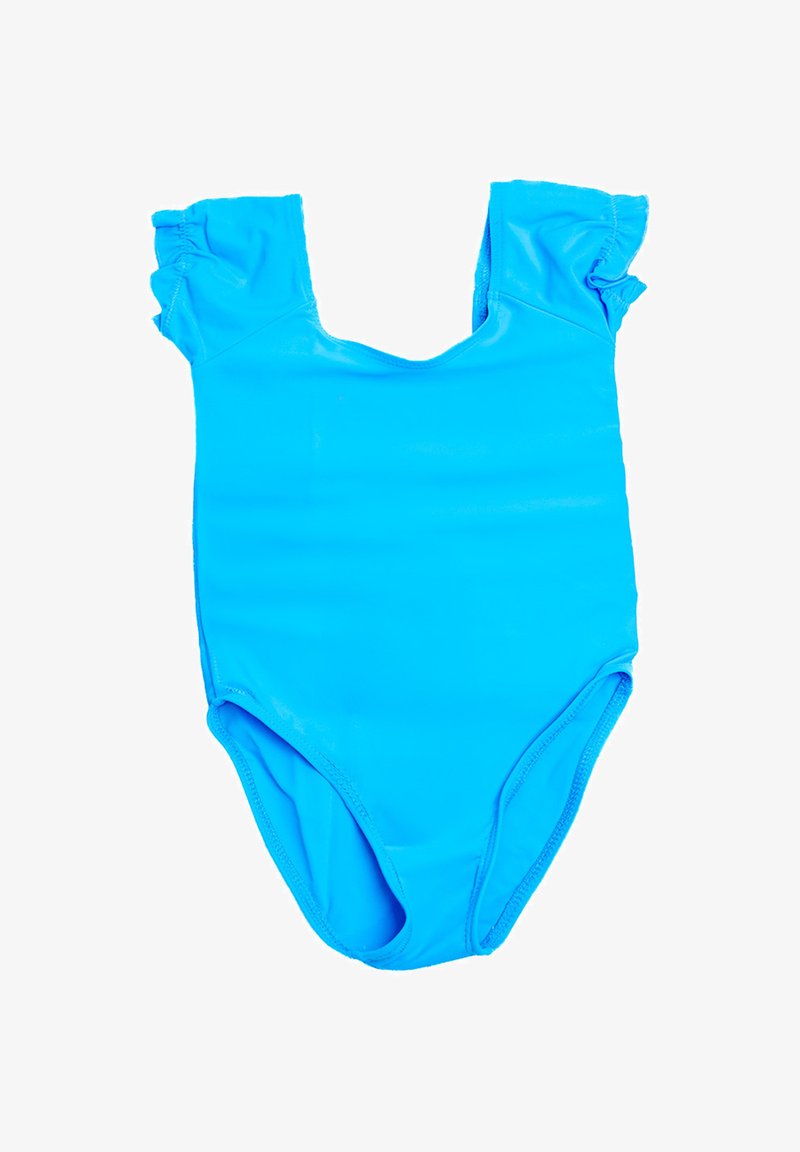 Niebieski jednoczęściowy strój kąpielowy z falbankami na ramionach, gładką teksturą i dekoltem w kształcie litery U. Wykonany z elastycznego, lekkiego materiału.