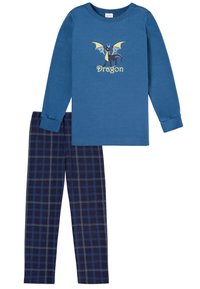 Blue long-sleeve top featuring a dragon graphic and text, paired with navy plaid pajama pants with light green accents.