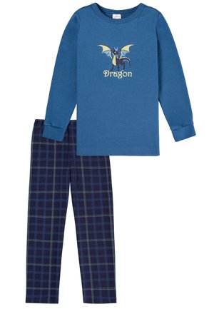 Blue long-sleeve top featuring a dragon graphic and text, paired with navy plaid pajama pants with light green accents.